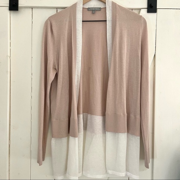 NEIMAN Marcus Cashmere Collection Chiffon-Trim Open-Front blush Cardigan medium - Picture 4 of 8